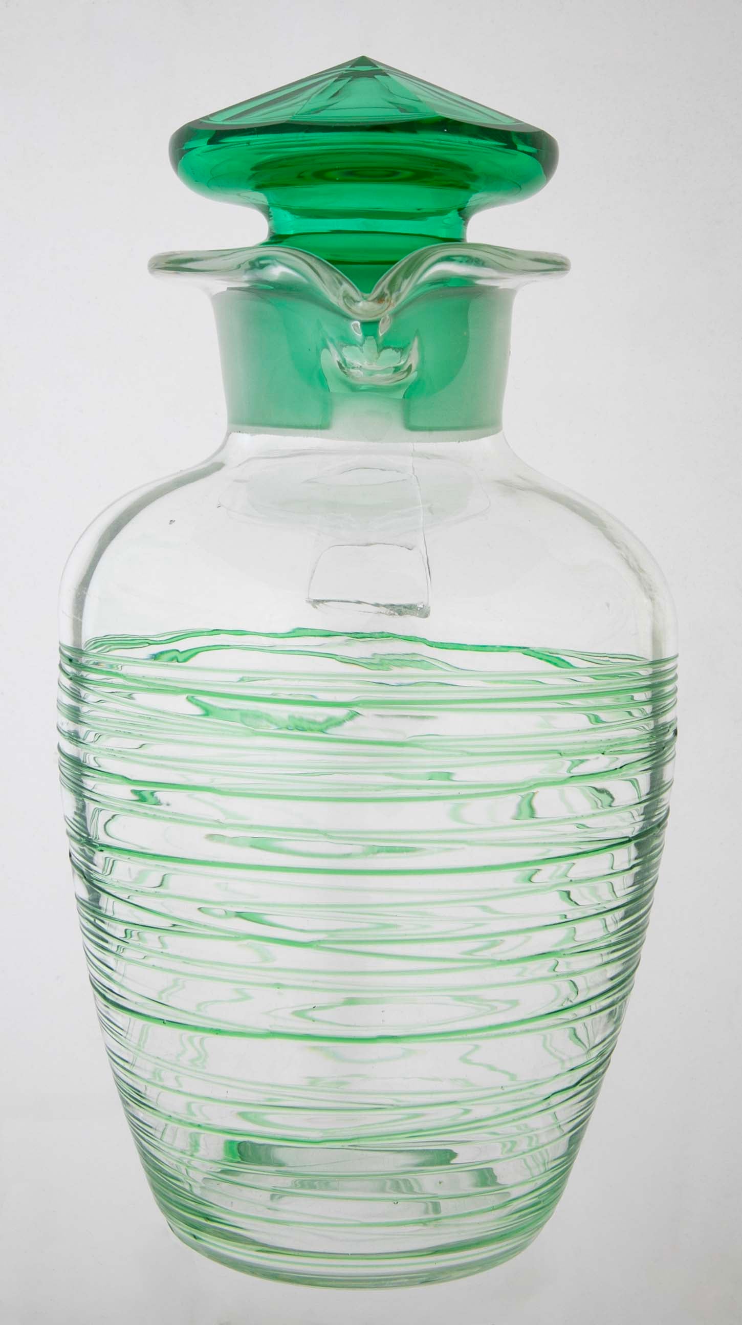 Green Glass Threaded Pitcher with Stopper