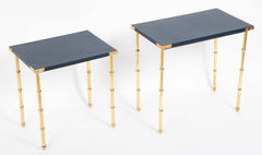 Two Blue Leather Top Nesting Tables Attributed to Jacques Adnet