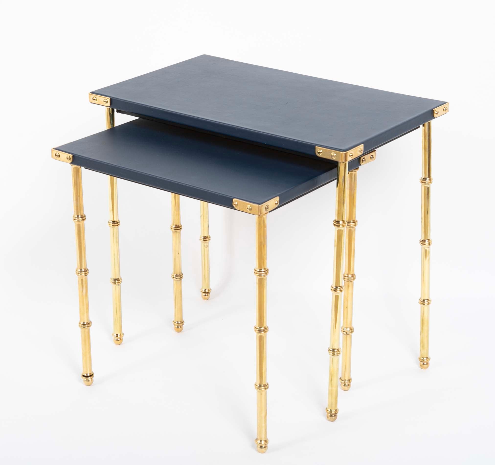 Two Blue Leather Top Nesting Tables Attributed to Jacques Adnet