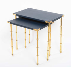 Two Blue Leather Top Nesting Tables Attributed to Jacques Adnet