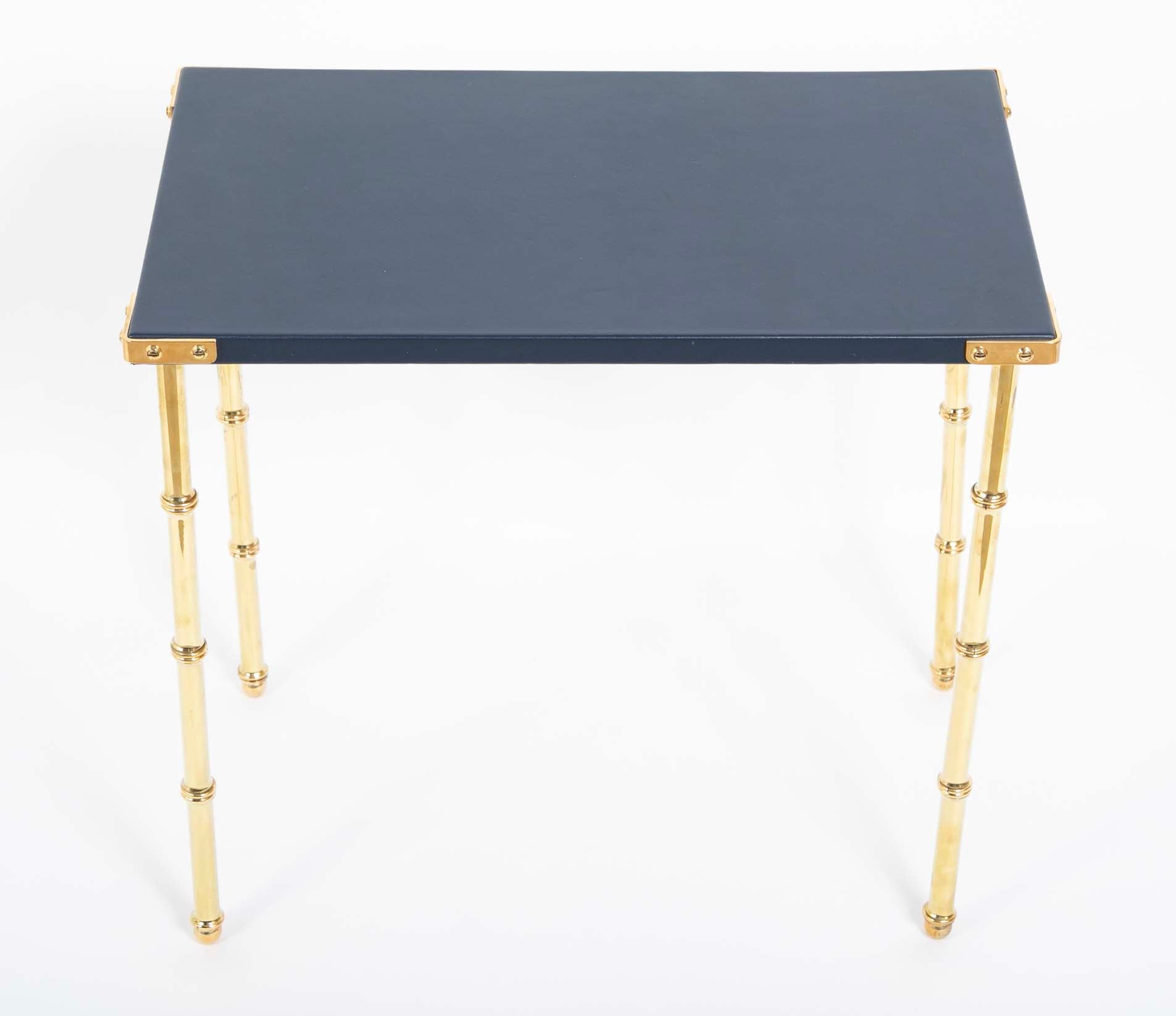 Two Blue Leather Top Nesting Tables Attributed to Jacques Adnet