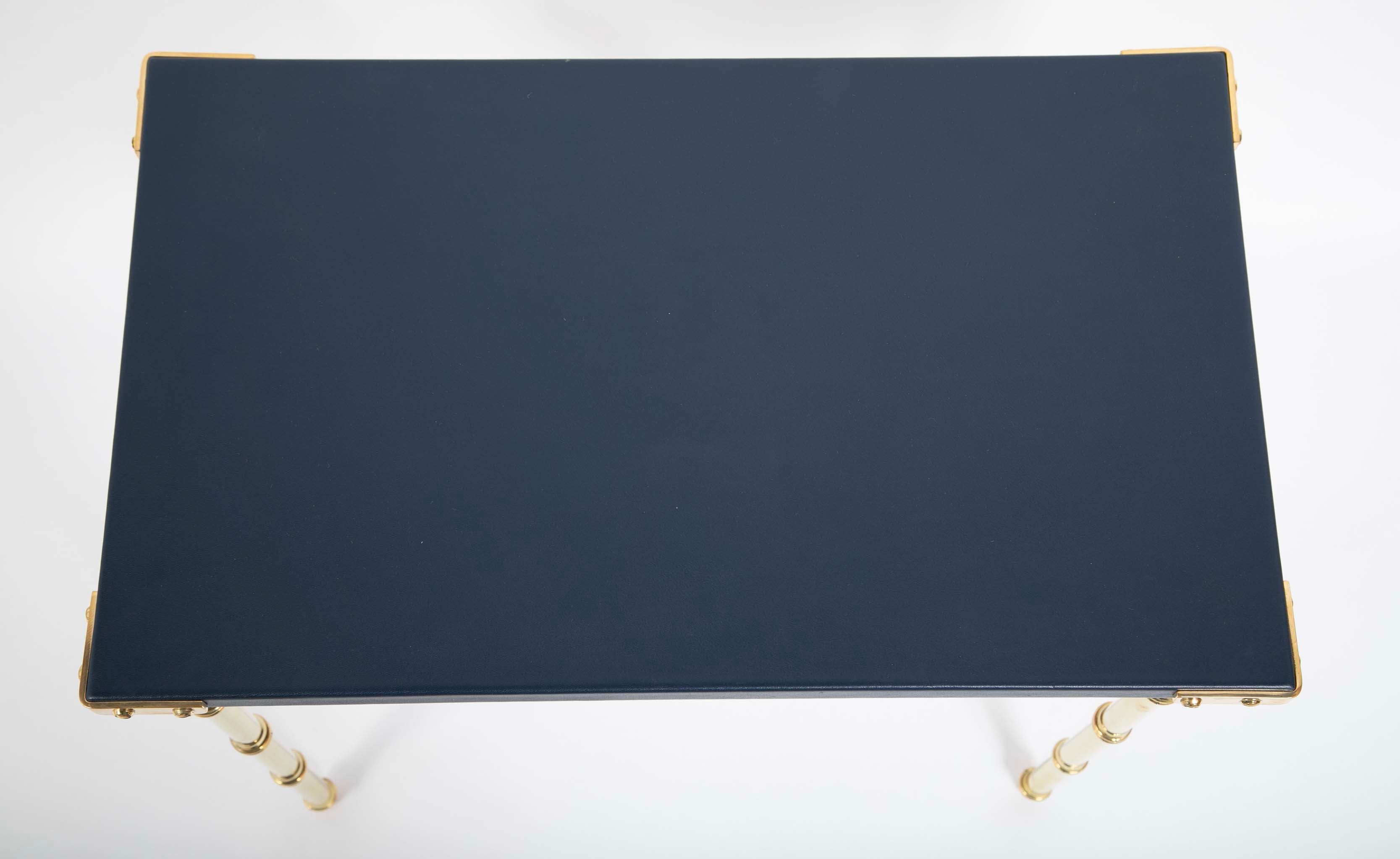 Two Blue Leather Top Nesting Tables Attributed to Jacques Adnet