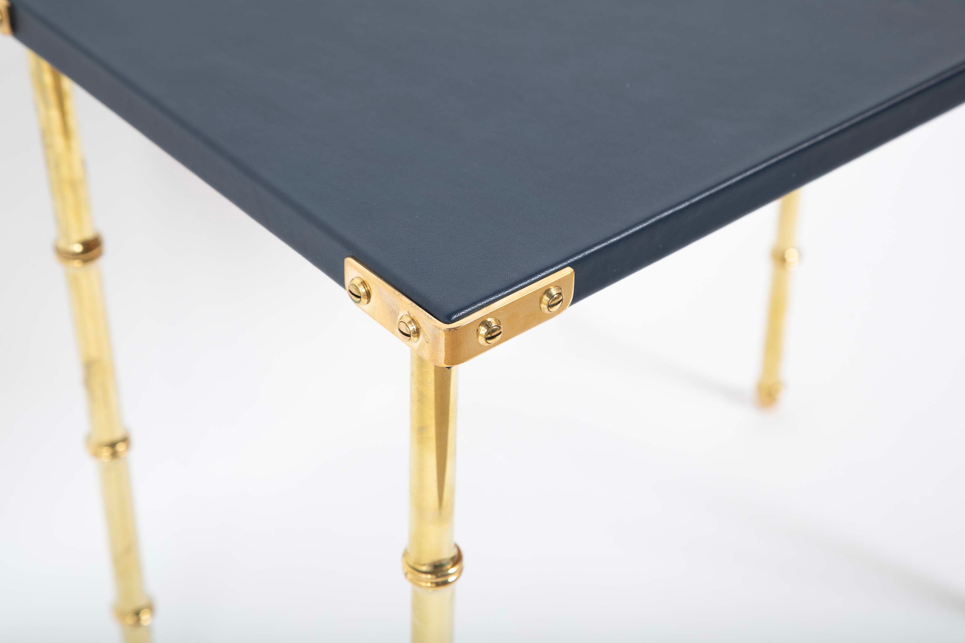 Two Blue Leather Top Nesting Tables Attributed to Jacques Adnet