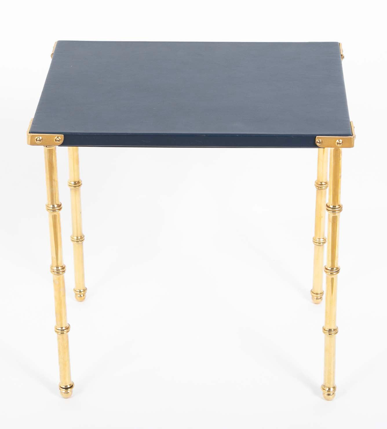 Two Blue Leather Top Nesting Tables Attributed to Jacques Adnet