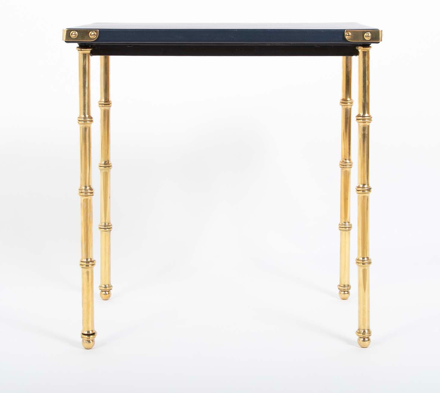 Two Blue Leather Top Nesting Tables Attributed to Jacques Adnet