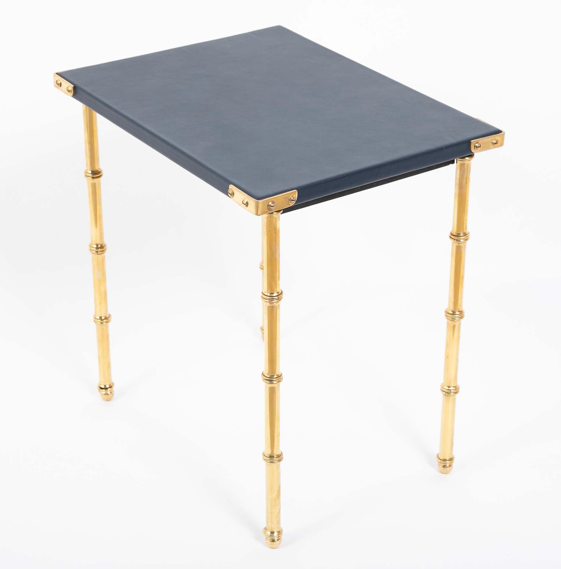 Two Blue Leather Top Nesting Tables Attributed to Jacques Adnet
