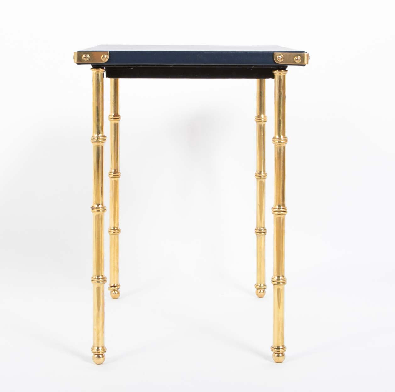 Two Blue Leather Top Nesting Tables Attributed to Jacques Adnet