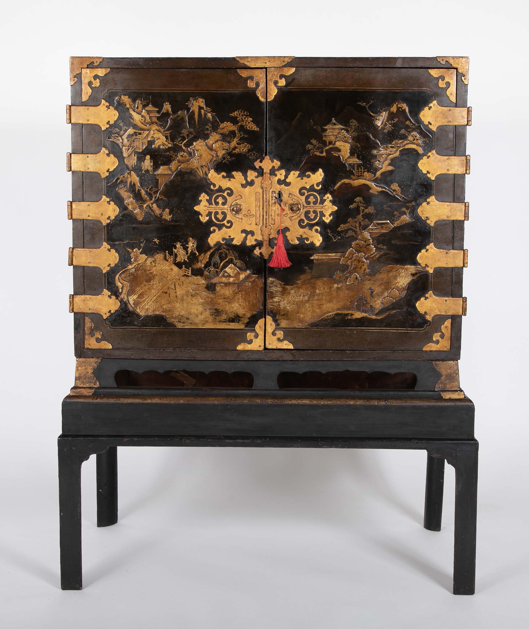 17th Century Japanese Gilt & Black Lacquer Cabinet for Export on Later Stand
