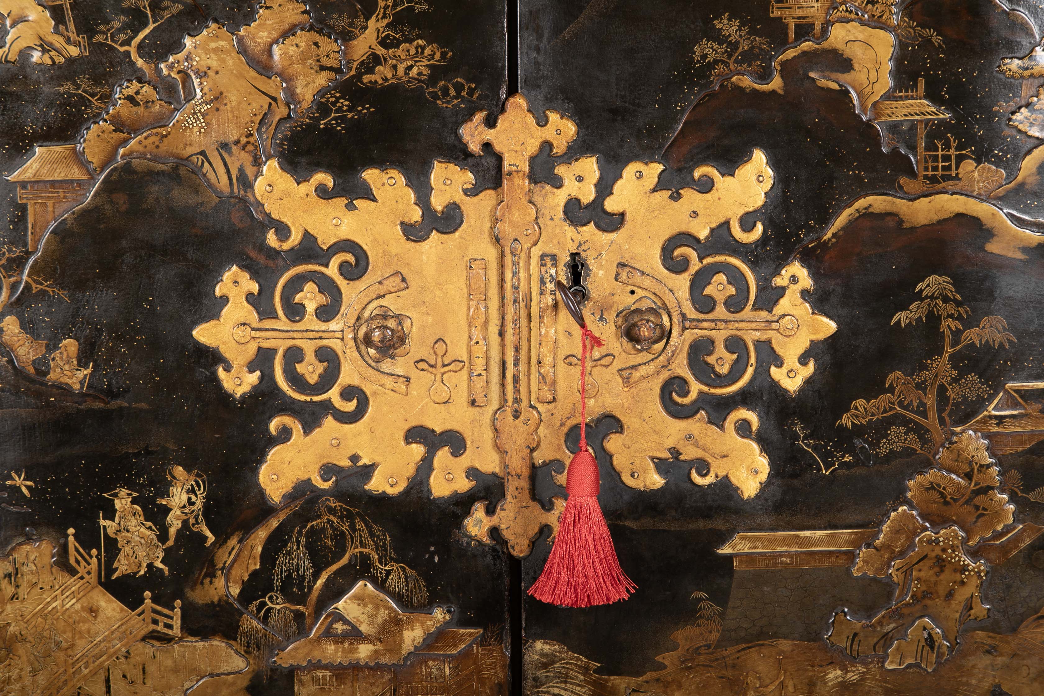 17th Century Japanese Gilt & Black Lacquer Cabinet for Export on Later Stand
