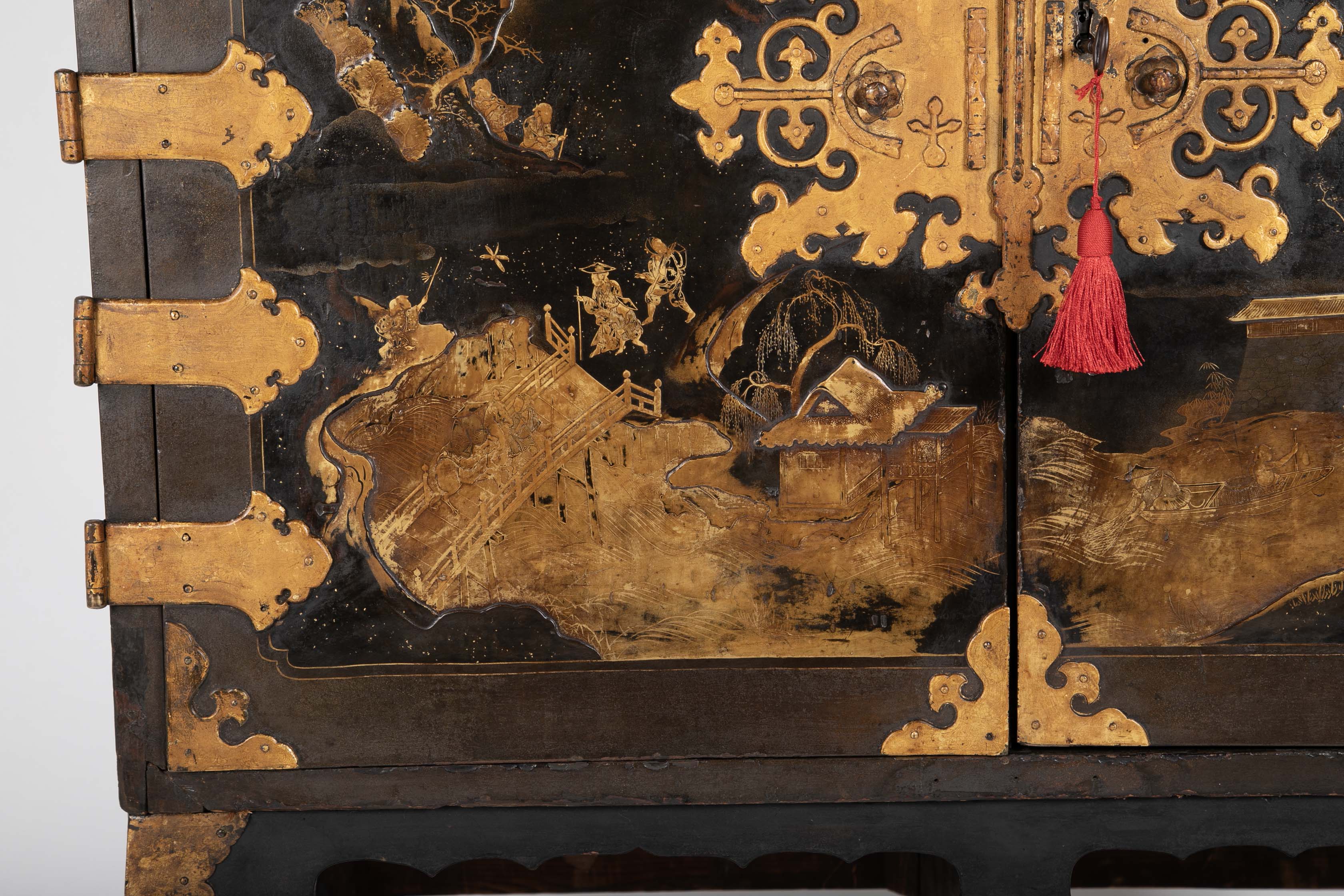 17th Century Japanese Gilt & Black Lacquer Cabinet for Export on Later Stand
