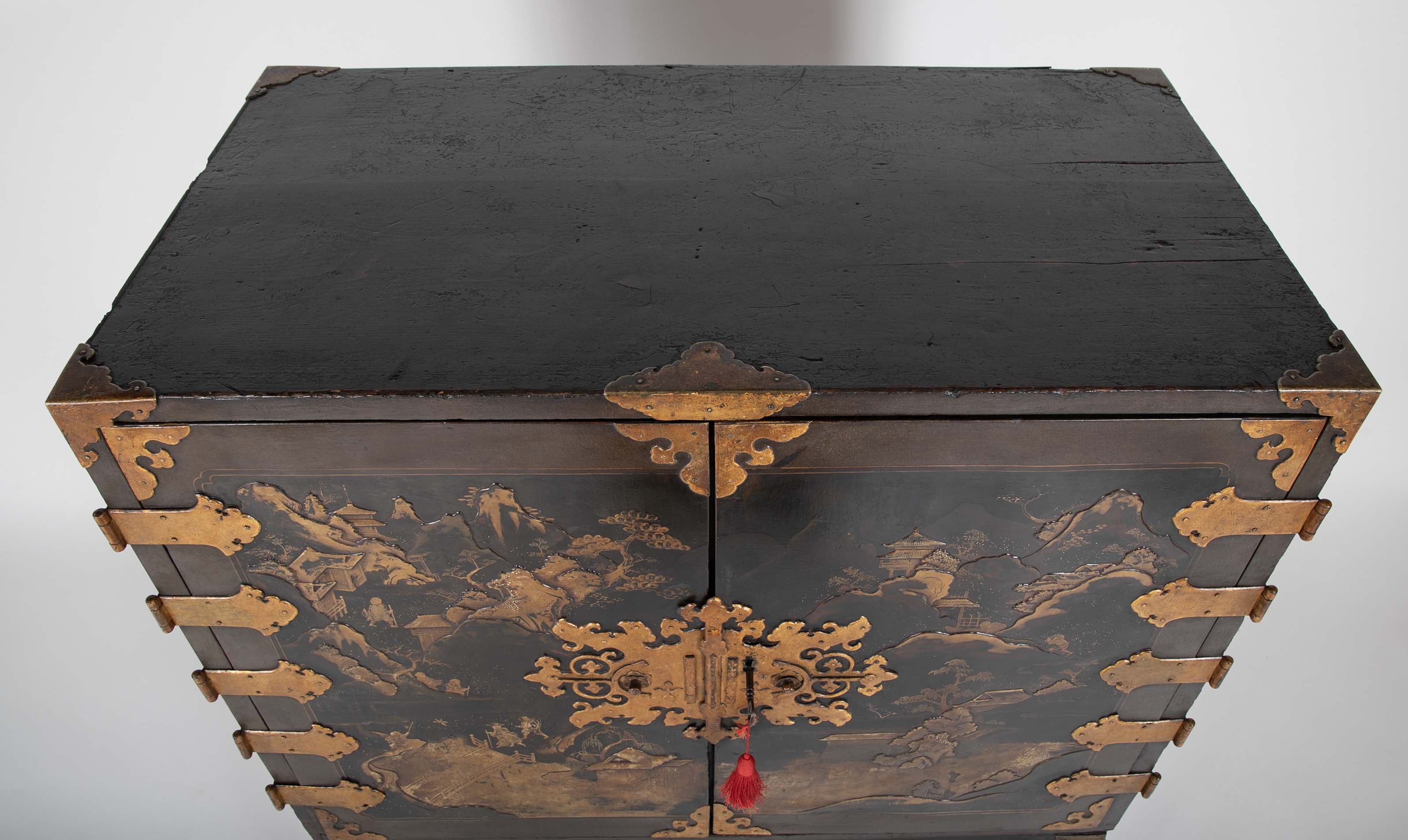 17th Century Japanese Gilt & Black Lacquer Cabinet for Export on Later Stand