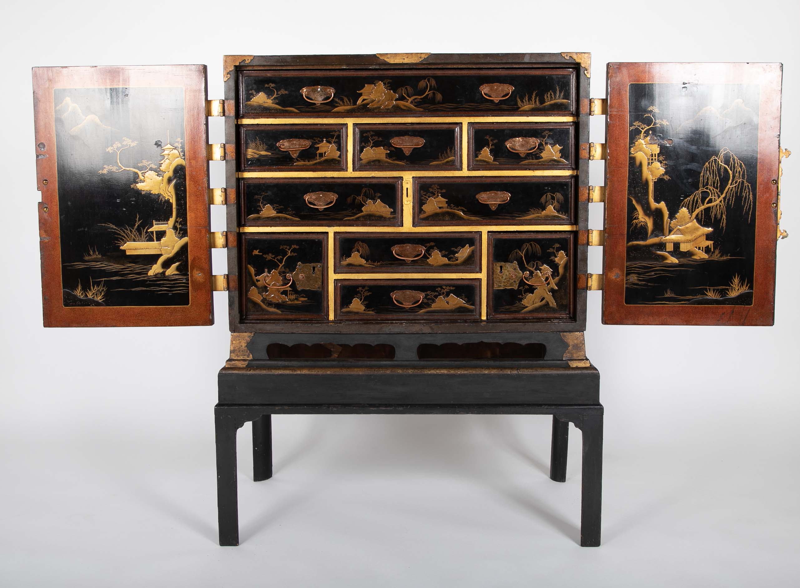 17th Century Japanese Gilt & Black Lacquer Cabinet for Export on Later Stand
