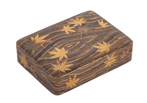 Japanese Brown Lacquer Box with Maple Leaves on a Pond Decor