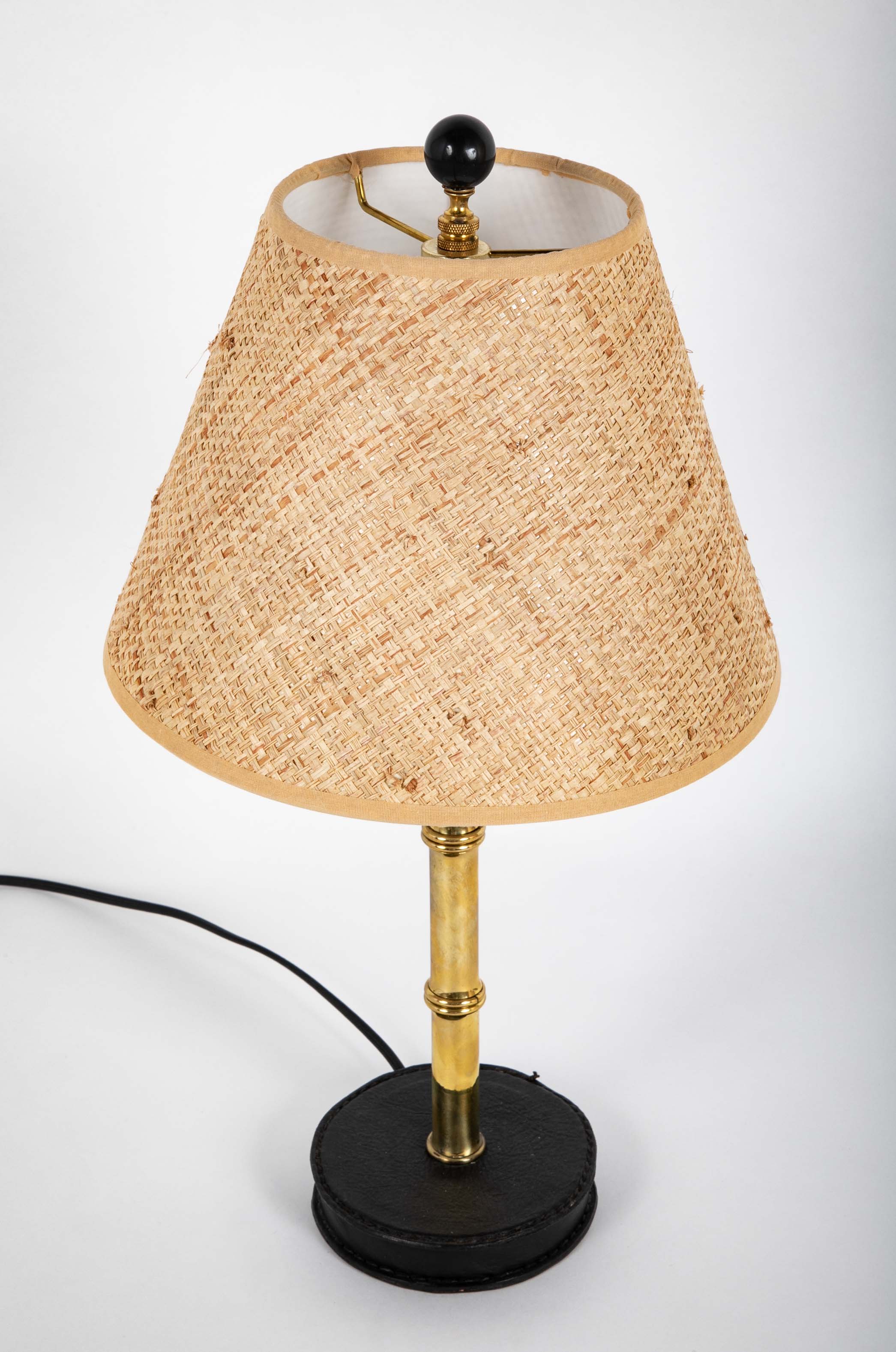 Varnished Brass and Leather Table Lamp Attributed to Jacques Adnet