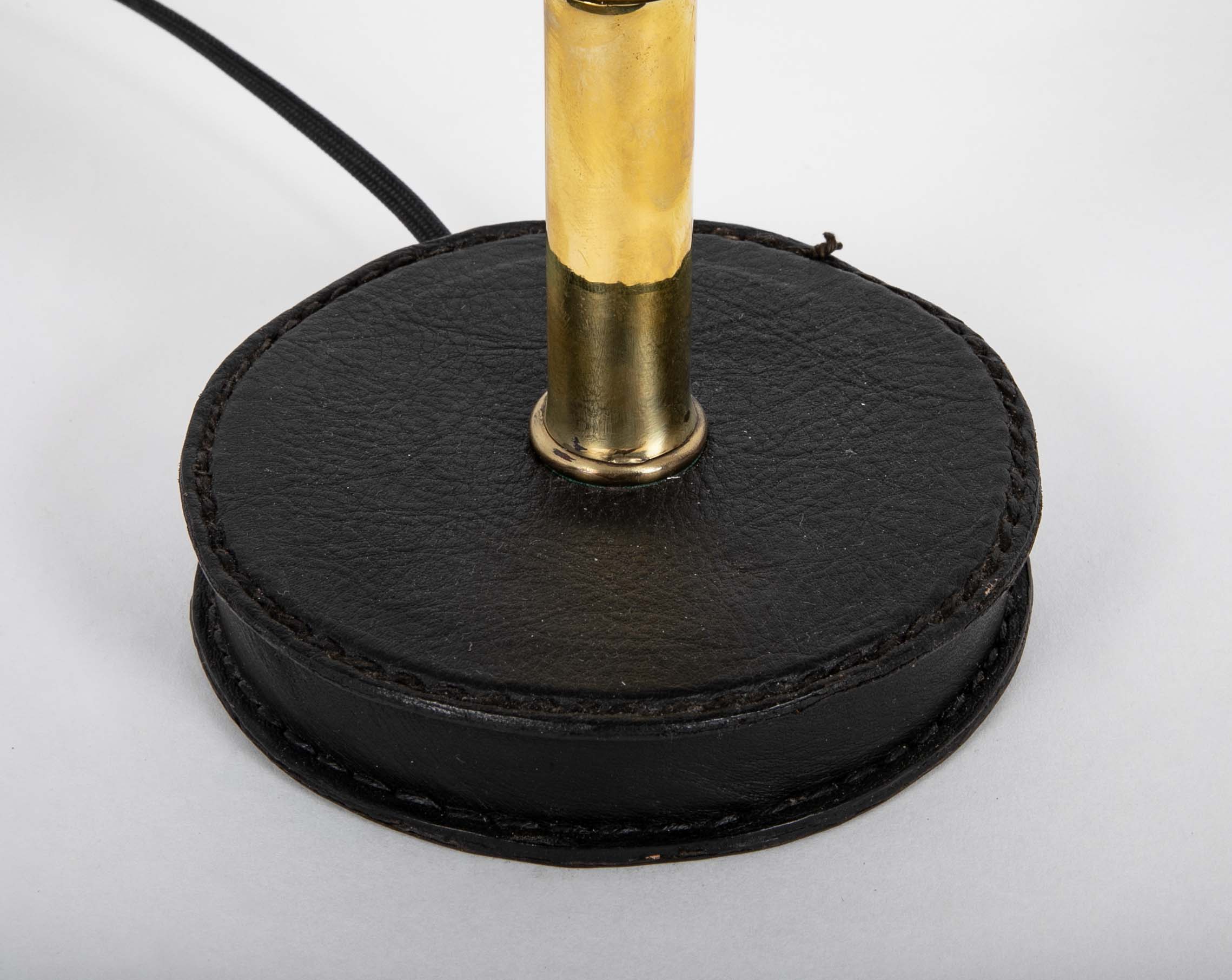 Varnished Brass and Leather Table Lamp Attributed to Jacques Adnet