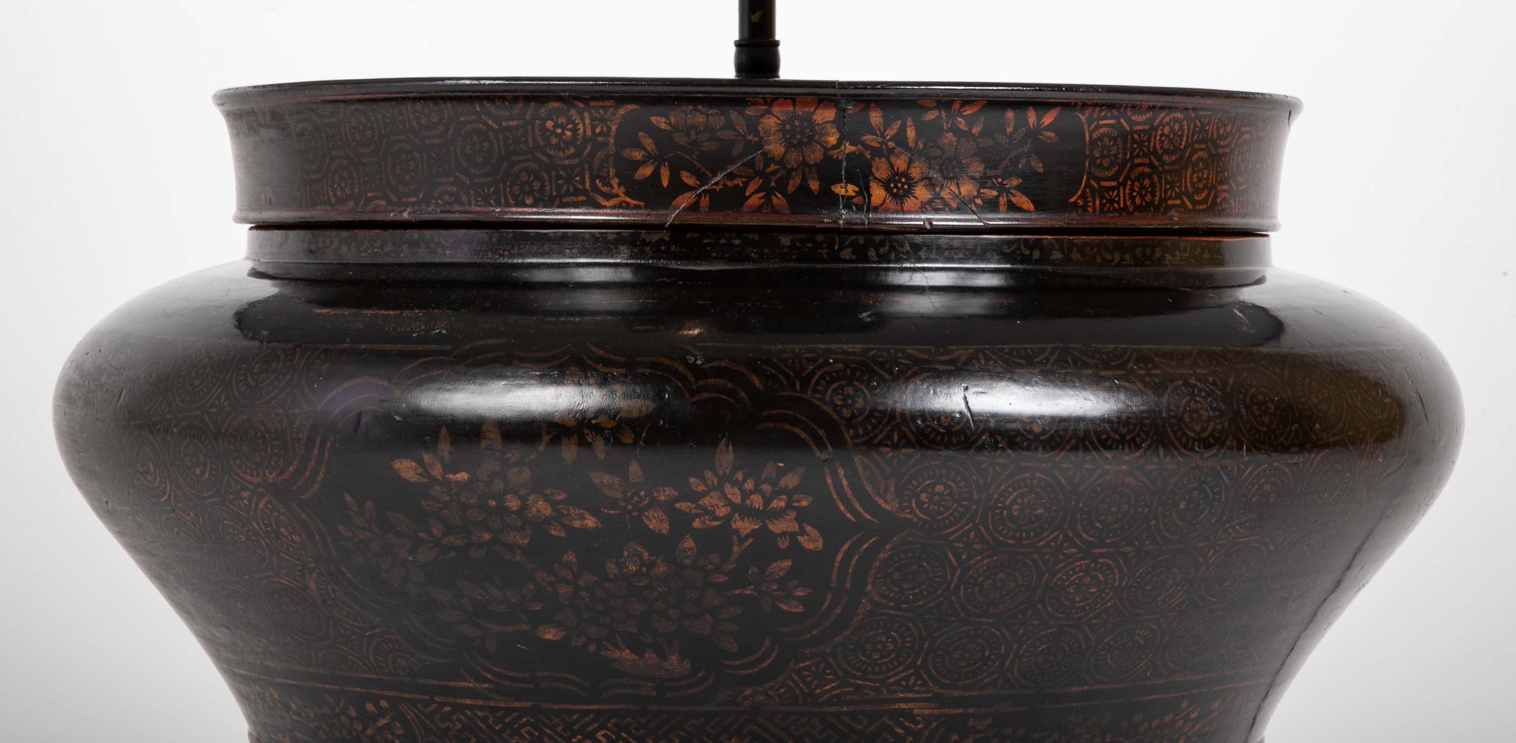 Large Chinese Round Lacquered Container as Lamp