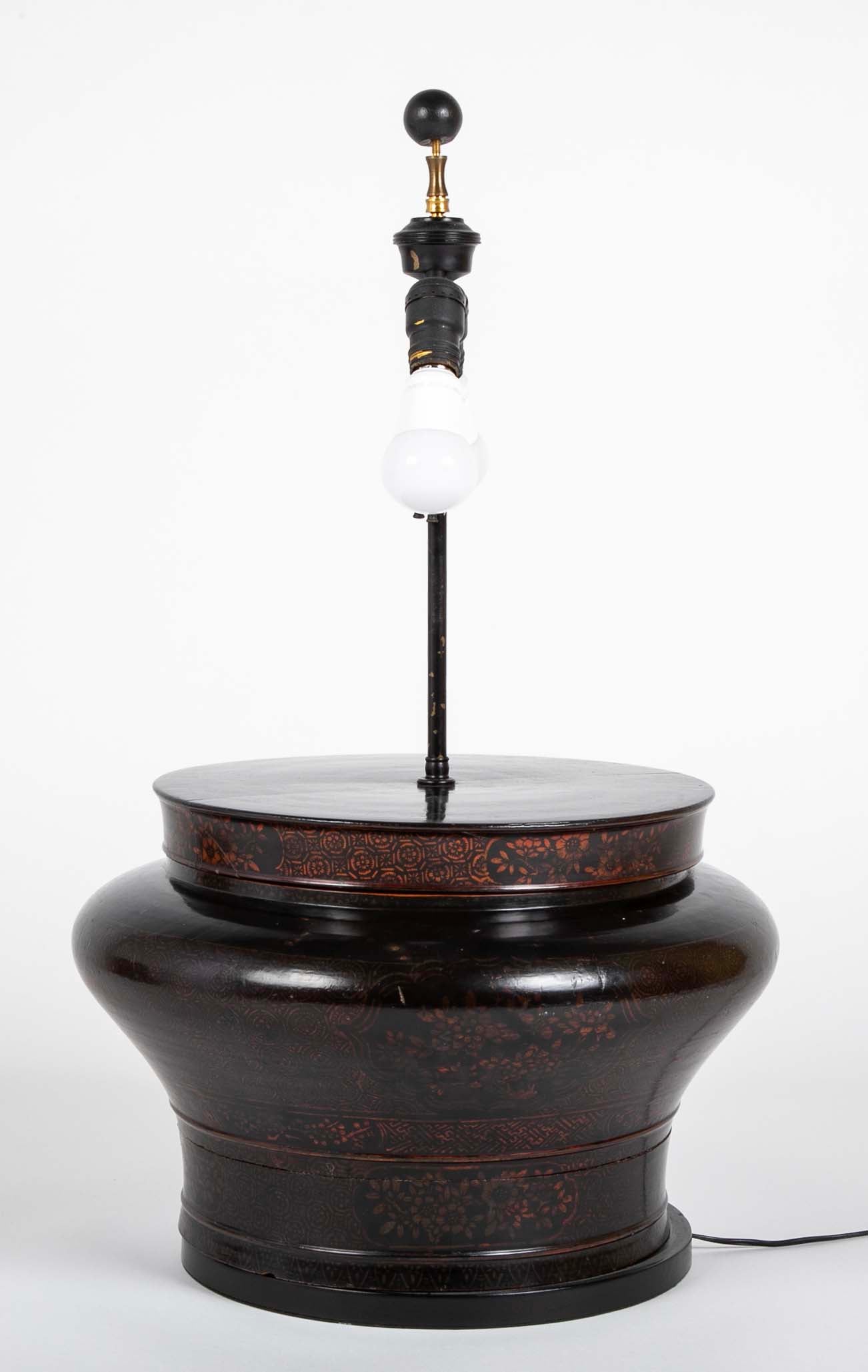 Large Chinese Round Lacquered Container as Lamp
