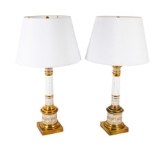 Pair of French Gilt on White Paris Porcelain Columnar Lamps