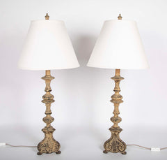 A Pair of Italian Baroque Style Brass Candlestick Lamps
