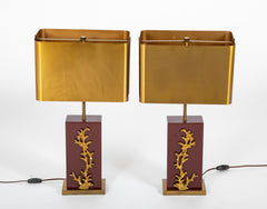 Pair of Maison Charles Burgundy Lacquered Lamps