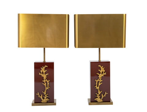 Pair of Maison Charles Burgundy Lacquered Lamps