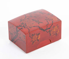 Covered Red Lacquer Box with Bird Flying Among Blossoming Flowers
