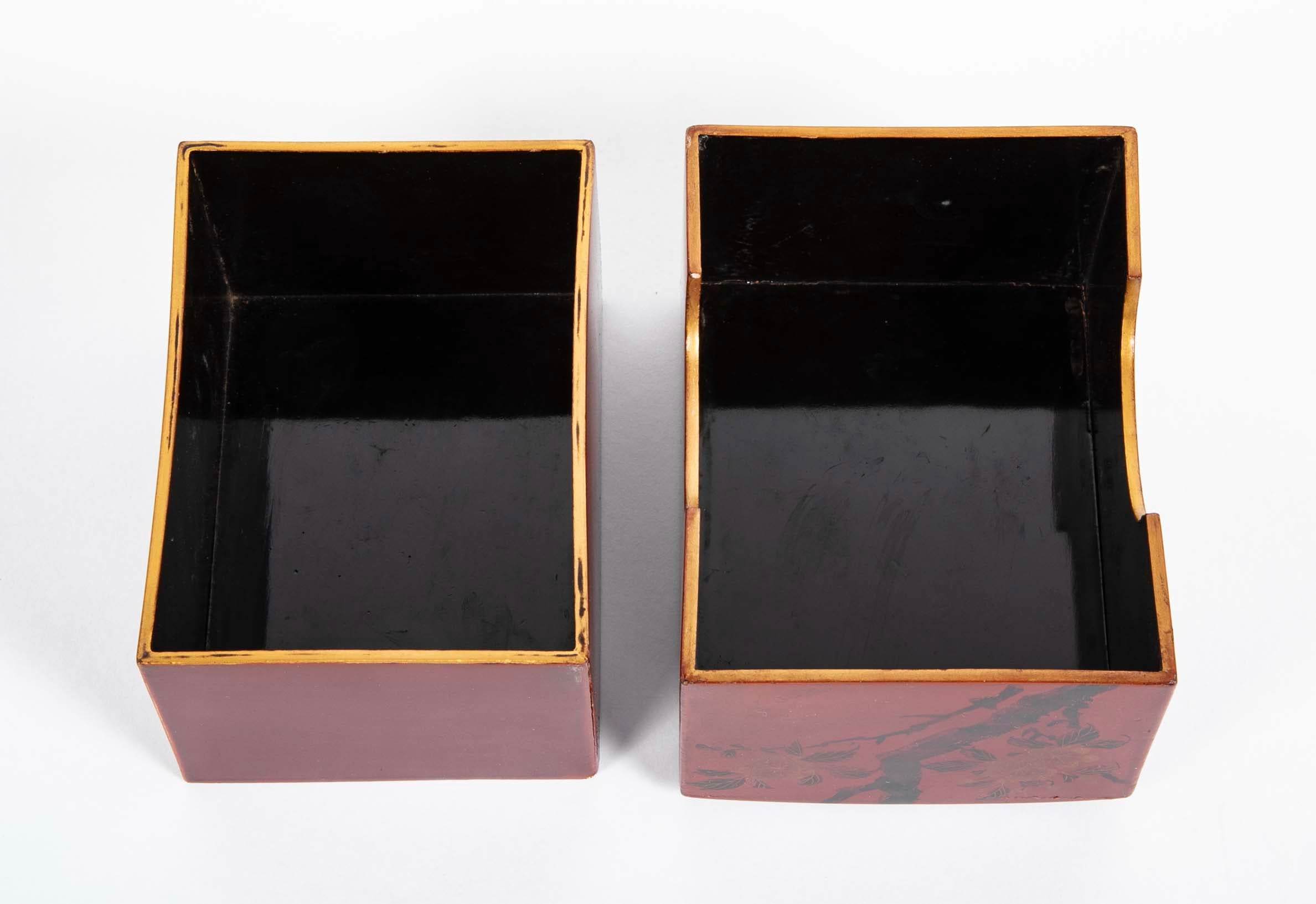 Covered Red Lacquer Box with Bird Flying Among Blossoming Flowers