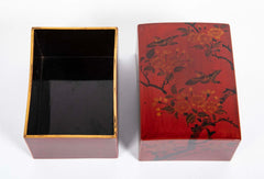 Covered Red Lacquer Box with Bird Flying Among Blossoming Flowers
