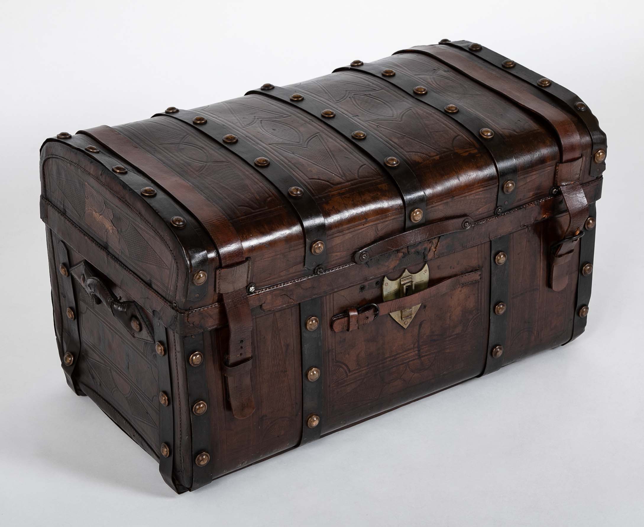 19th Century American Tooled Leather and Brass Stagecoach Trunk