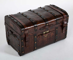 19th Century American Tooled Leather and Brass Stagecoach Trunk