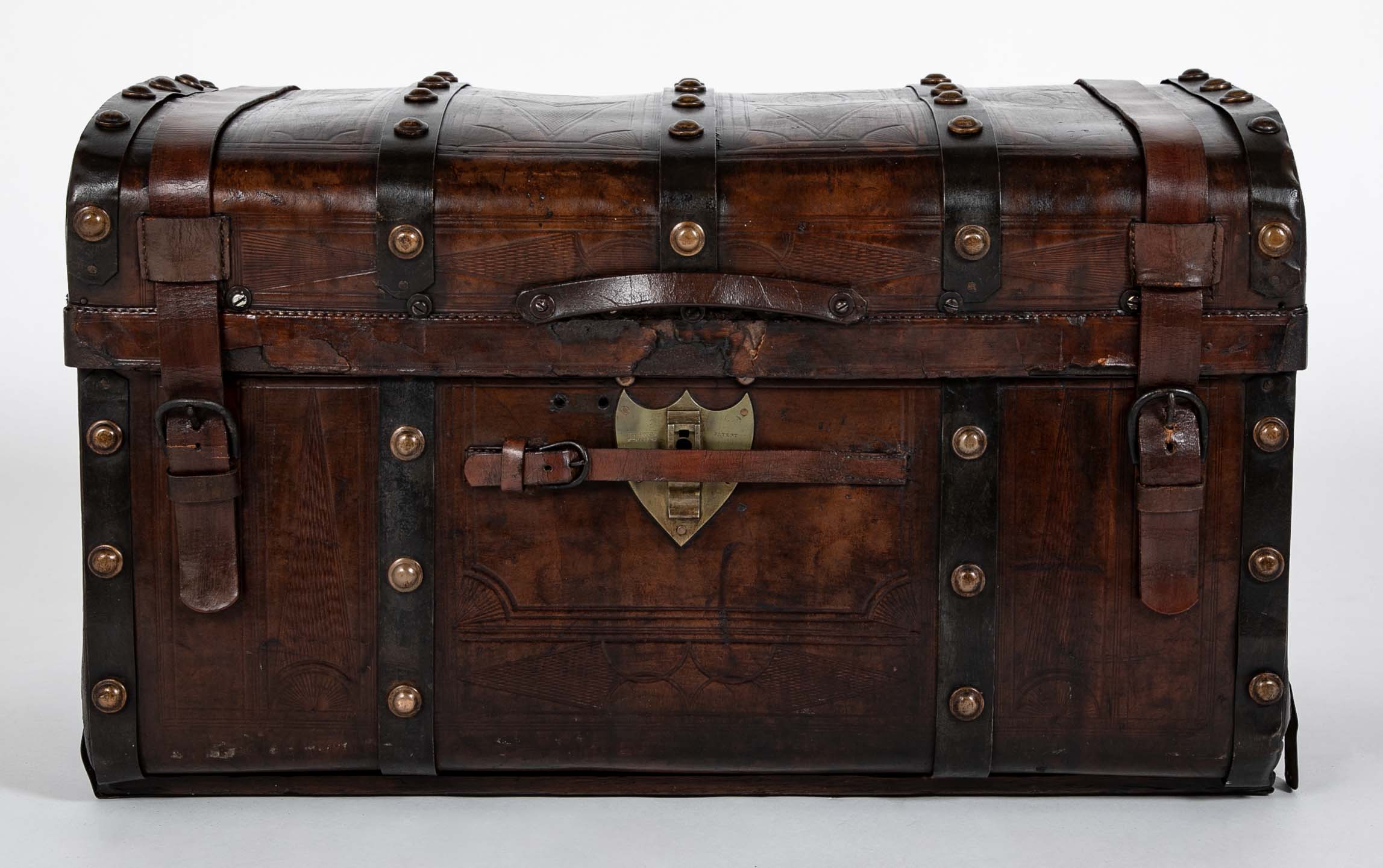 19th Century American Tooled Leather and Brass Stagecoach Trunk