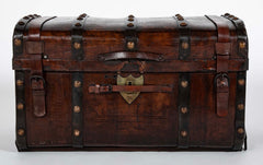 19th Century American Tooled Leather and Brass Stagecoach Trunk