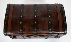 19th Century American Tooled Leather and Brass Stagecoach Trunk
