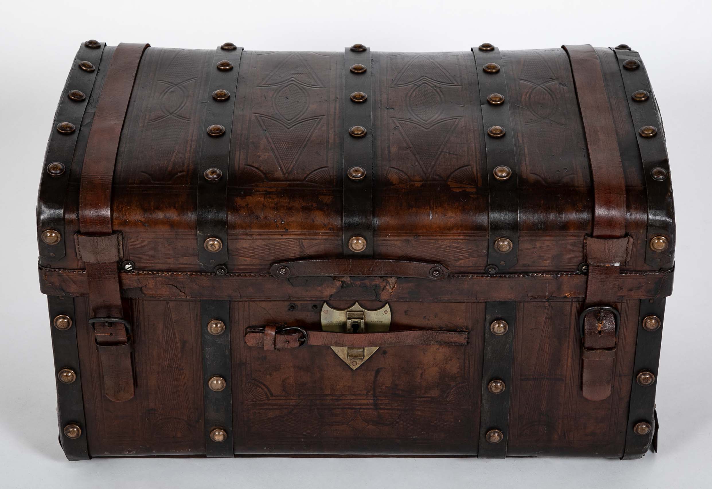 19th Century American Tooled Leather and Brass Stagecoach Trunk