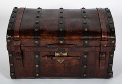 19th Century American Tooled Leather and Brass Stagecoach Trunk