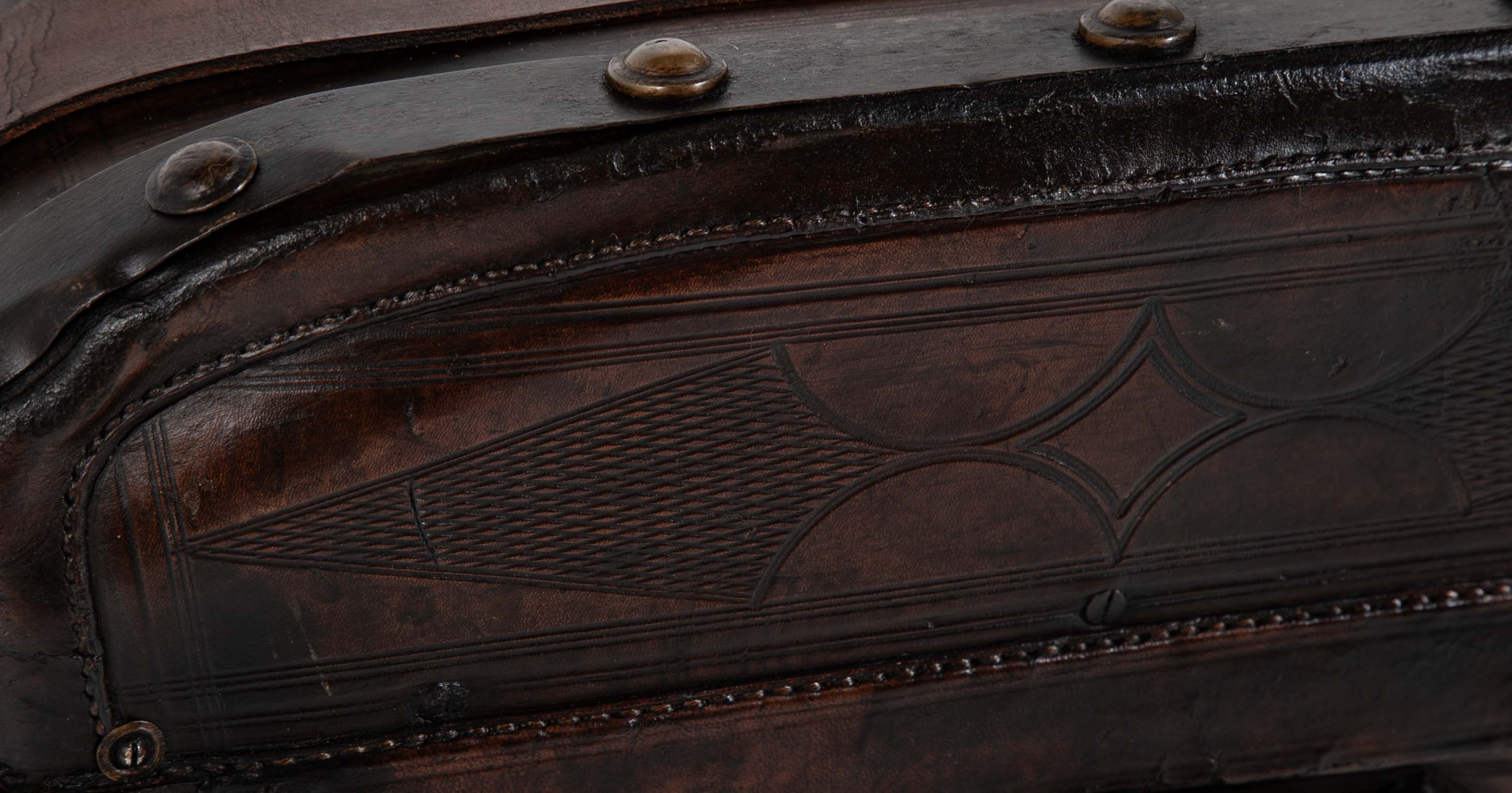 19th Century American Tooled Leather and Brass Stagecoach Trunk