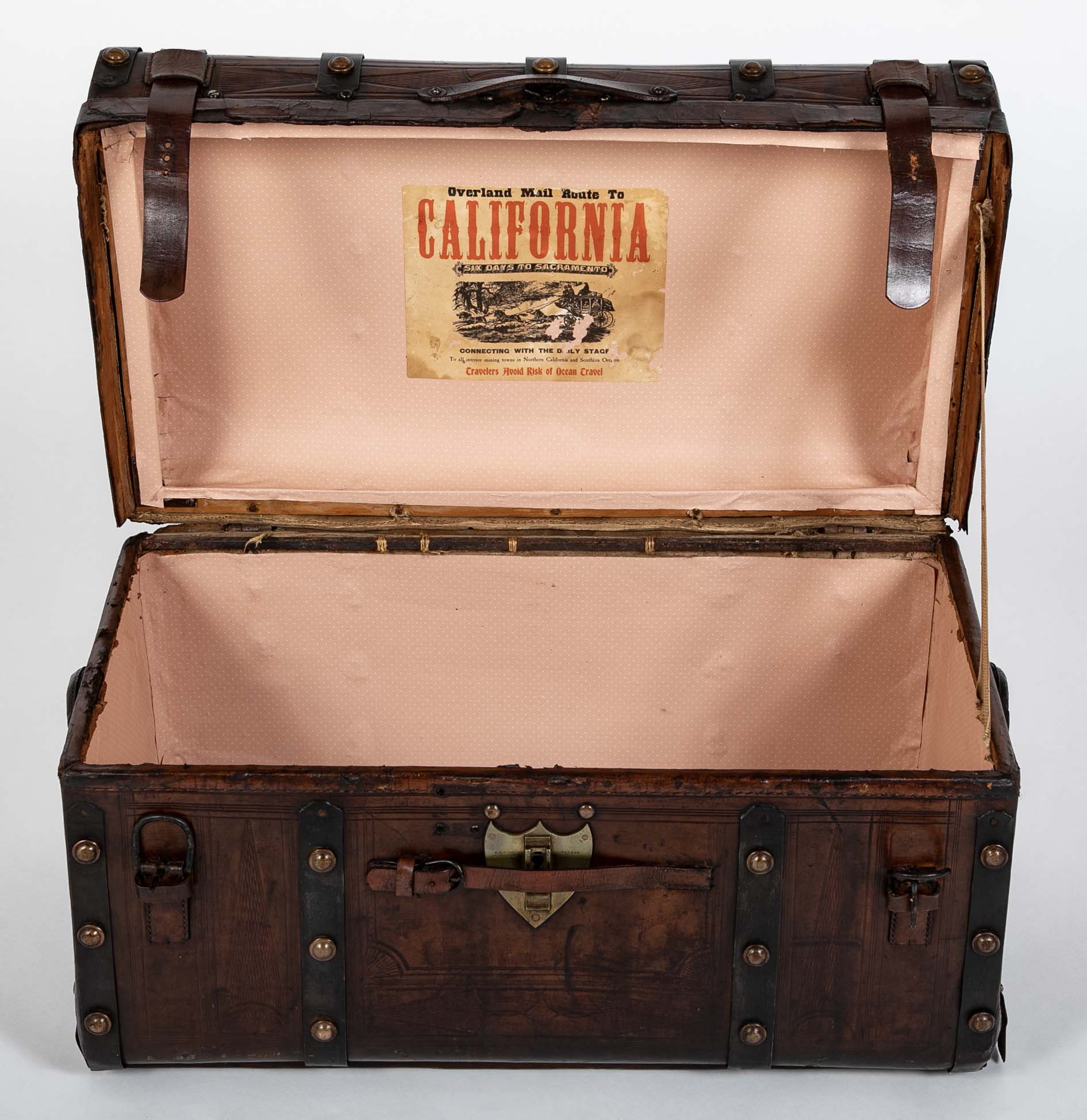 19th Century American Tooled Leather and Brass Stagecoach Trunk