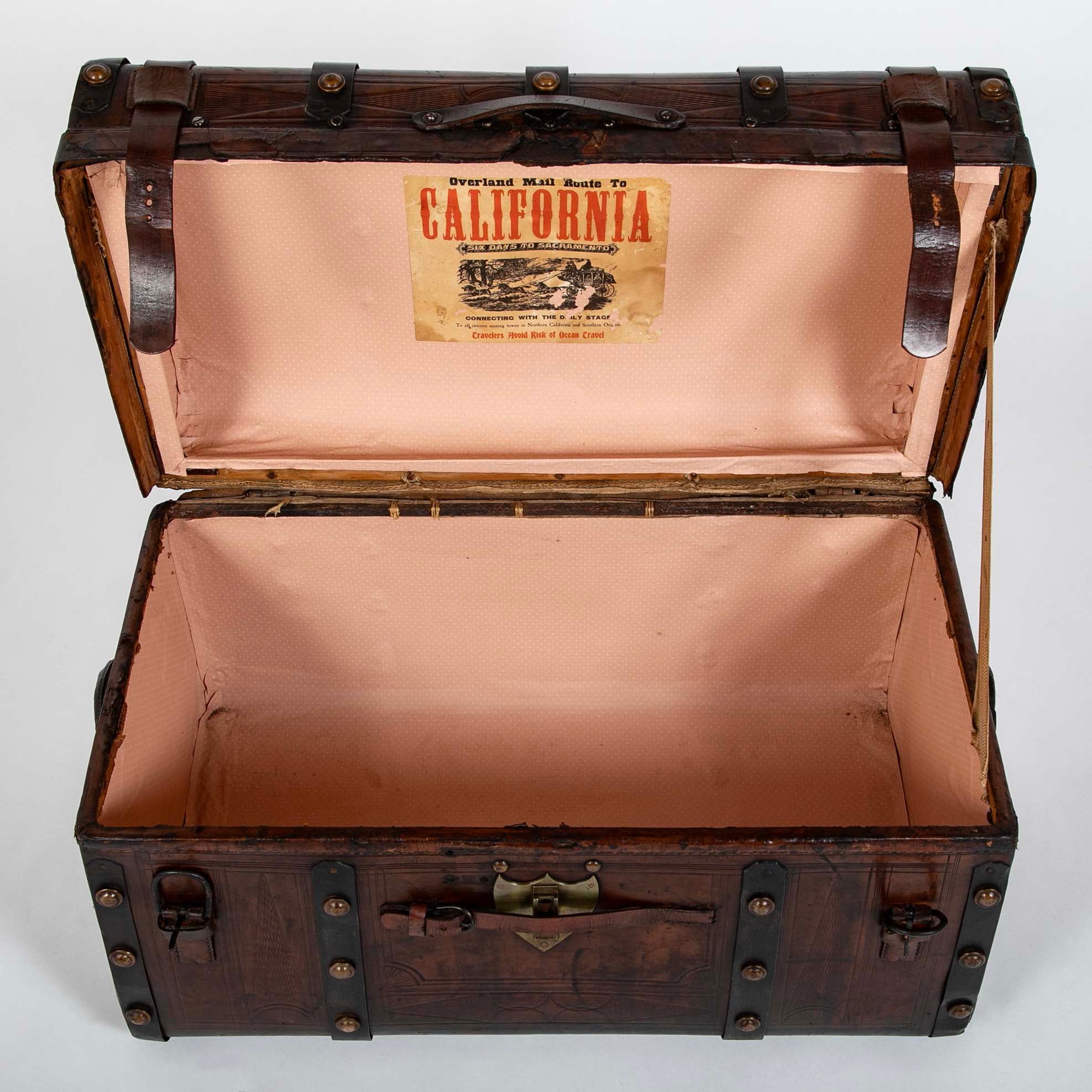 19th Century American Tooled Leather and Brass Stagecoach Trunk