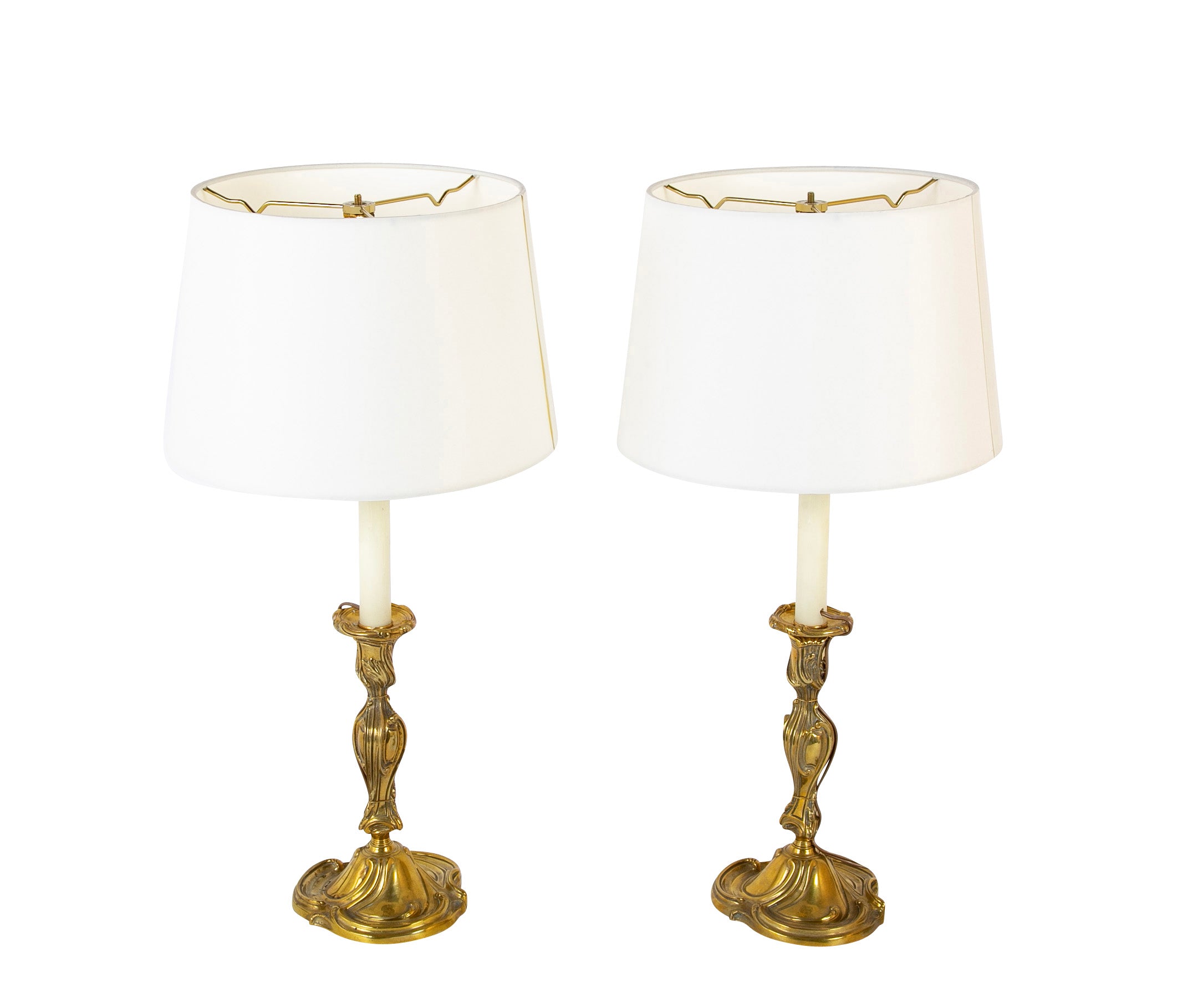 Pair of Gilt Bronze Rococo Style Candlesticks now Lamps