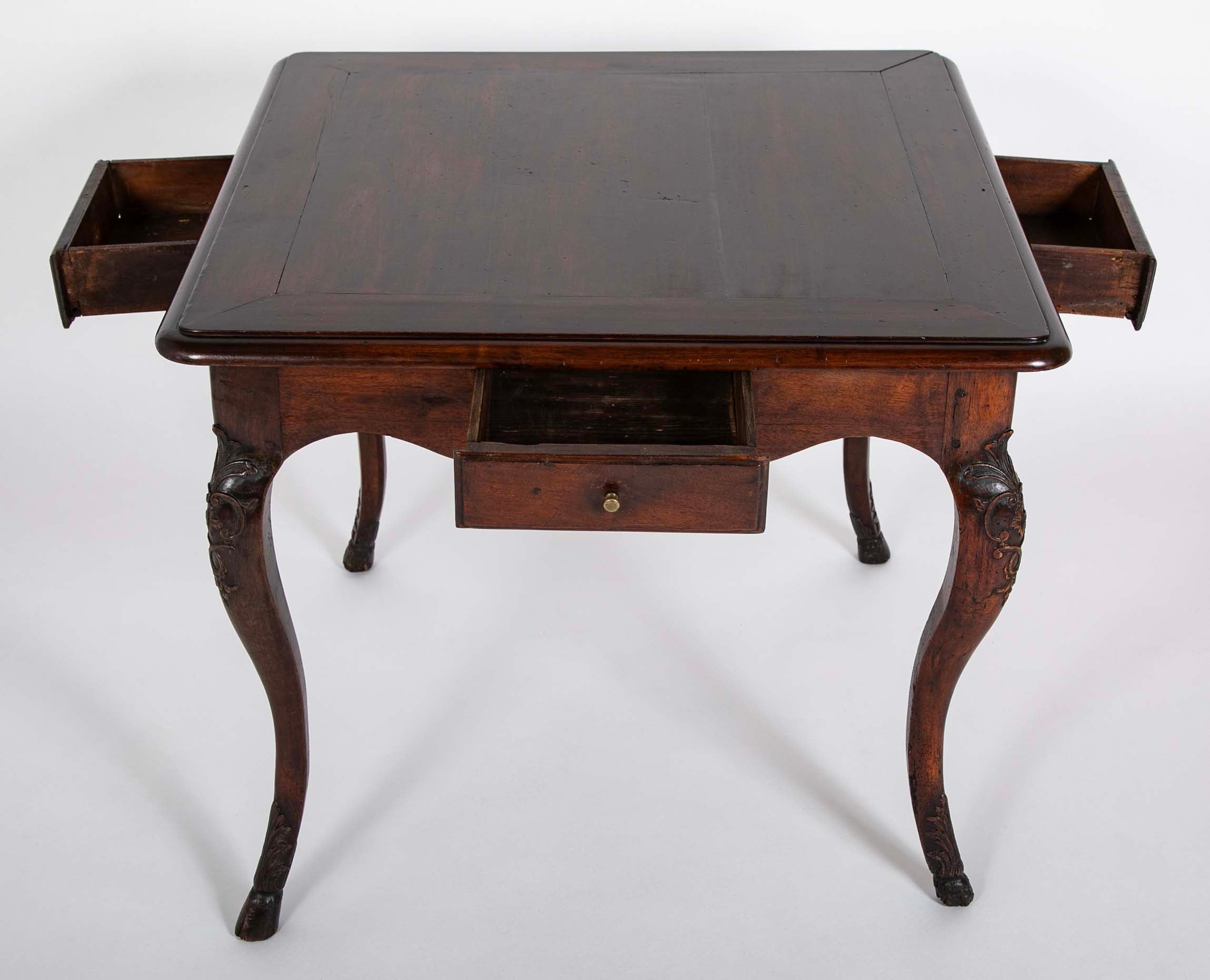 Louis XV Games Table with Four Drawers in Walnut with Cabriole Covered Legs