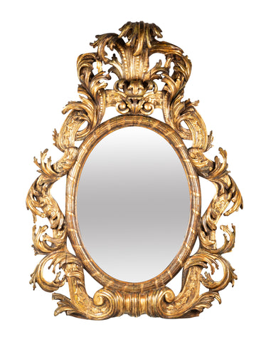 Large Oval Italian Mirror with Baroque Carved Giltwood Frame