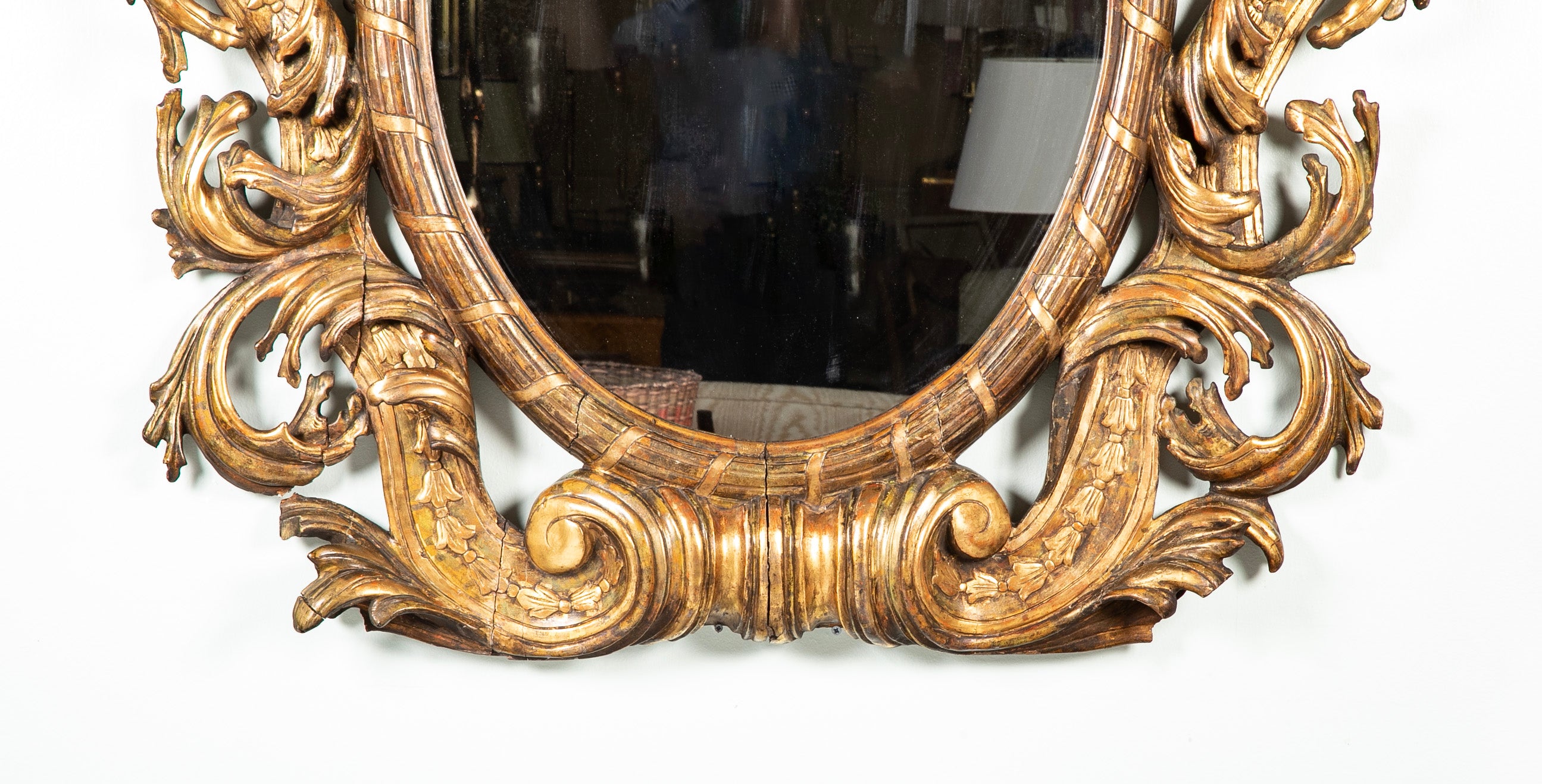 Large Oval Italian Mirror with Baroque Carved Giltwood Frame