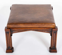 English Oak Bench with Leather Seat After A.W.N. Pugin