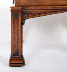 English Oak Bench with Leather Seat After A.W.N. Pugin