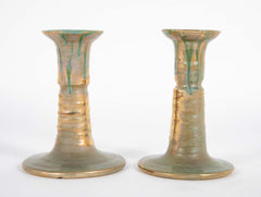 Pair of Pewabic Pottery Candle Stands with Bright Iridescent Turquoise Glaze on Earthenware