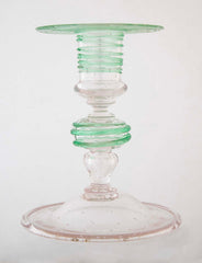 Pair of Green Threaded Glass Candlesticks by Steuben/H.C Frey & Co.