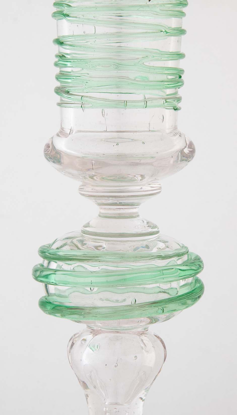 Pair of Green Threaded Glass Candlesticks by Steuben/H.C Frey & Co.