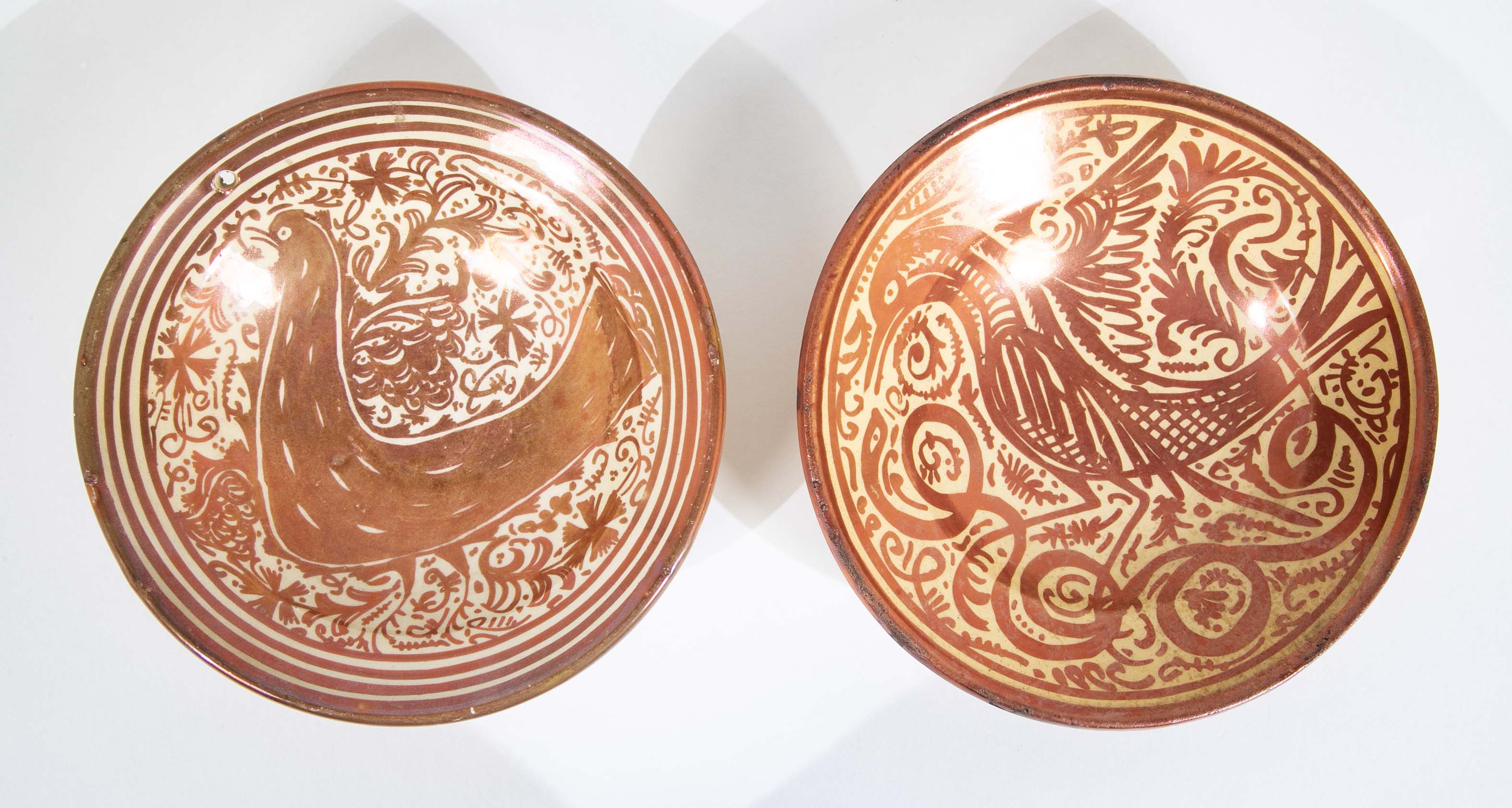Two Copper Lustre Plates with Highly Stylized Birds