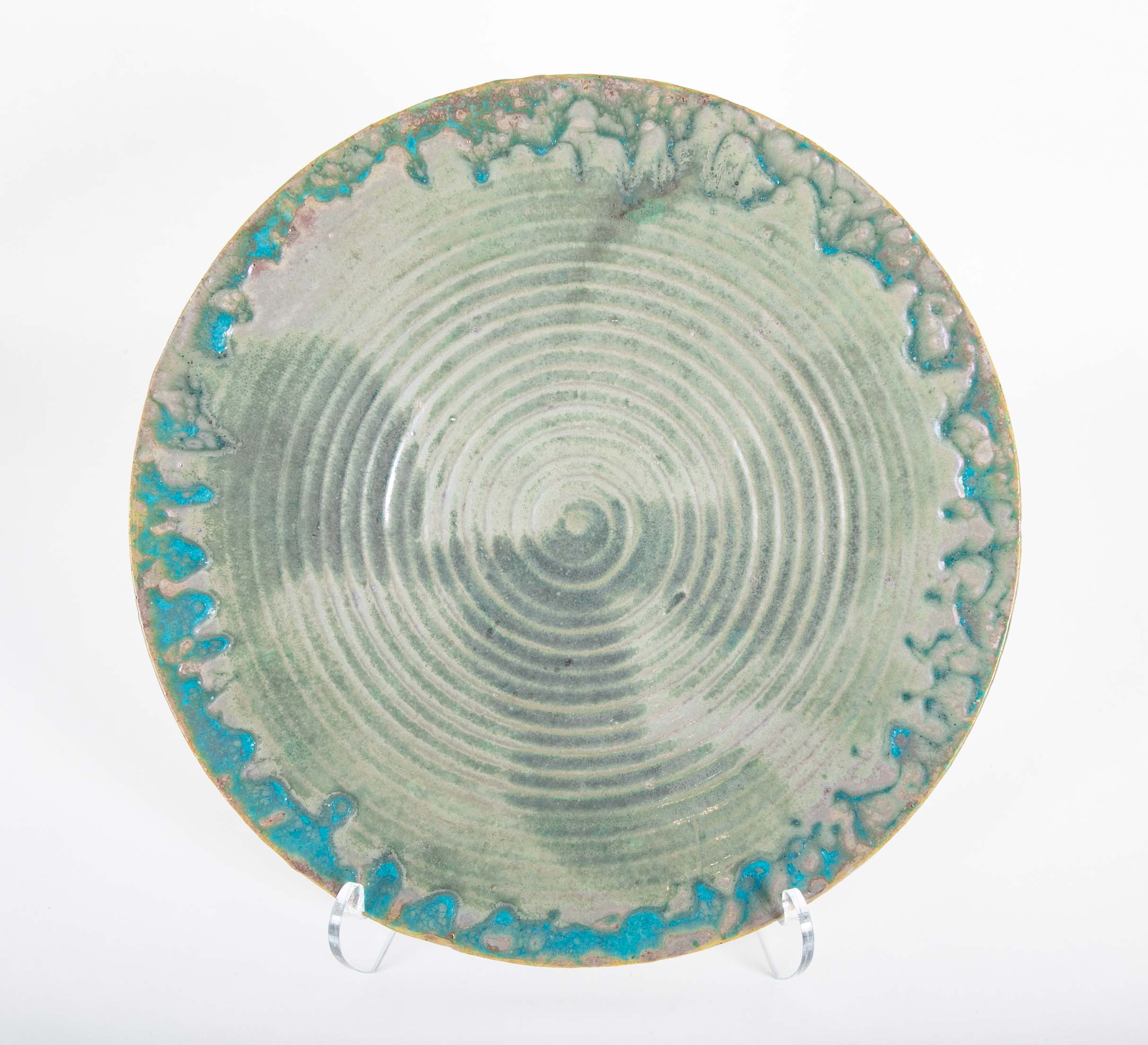 Pewabic Pottery Charger with Iridescent Aqua Glazed Rim