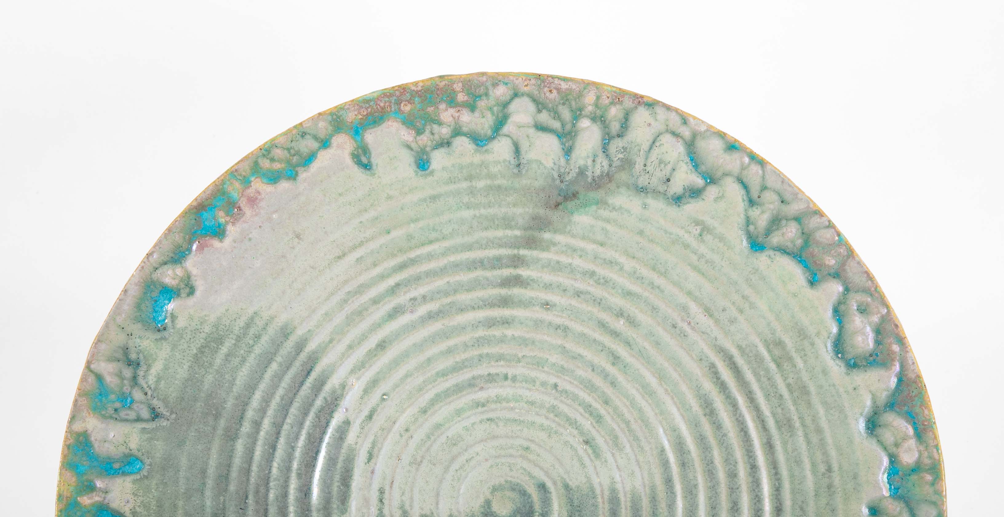 Pewabic Pottery Charger with Iridescent Aqua Glazed Rim